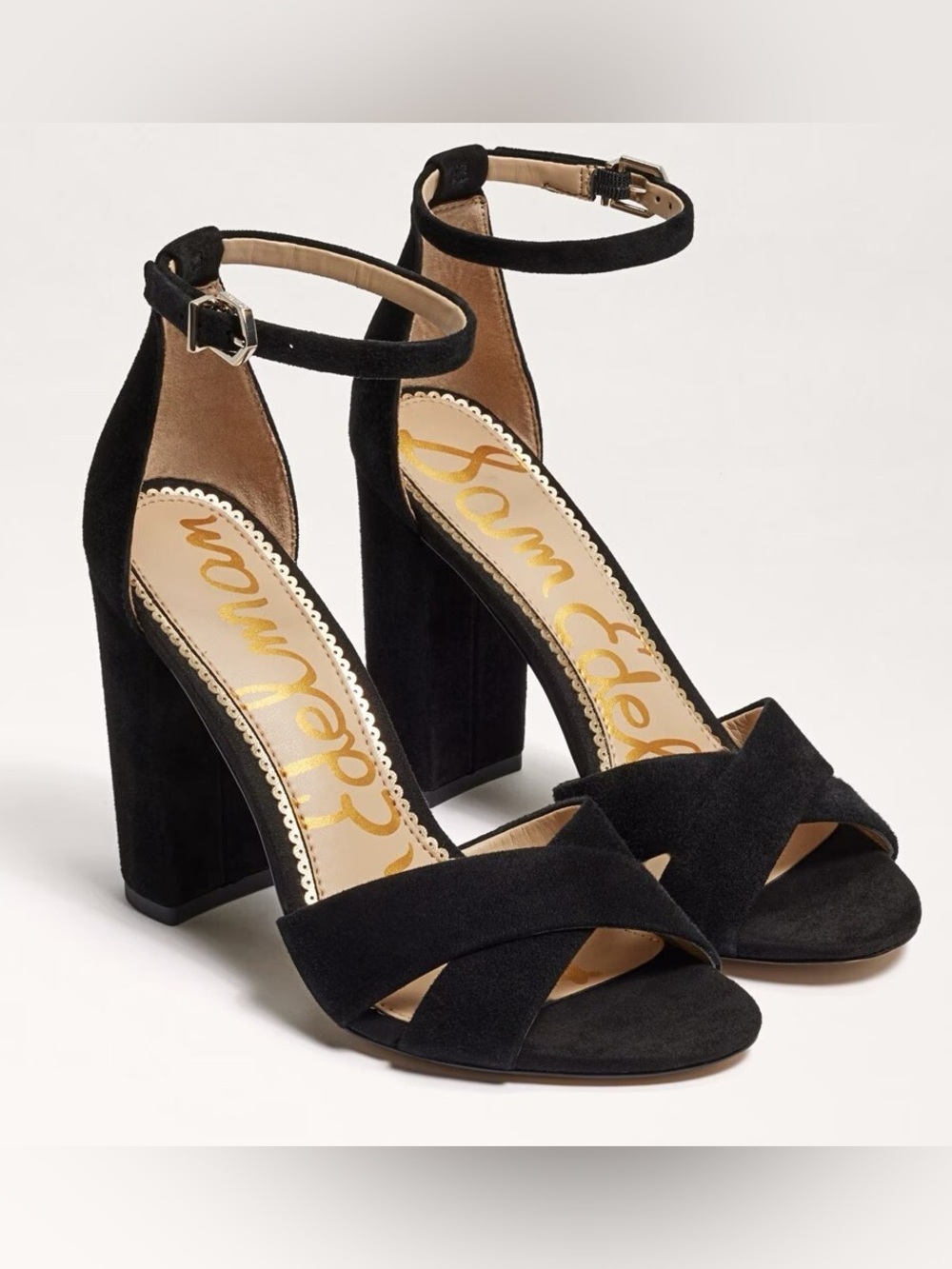 New Sam Edelman Yancy Ankle Strap Sandals Size 8.5 Black Suede Block Heel Open